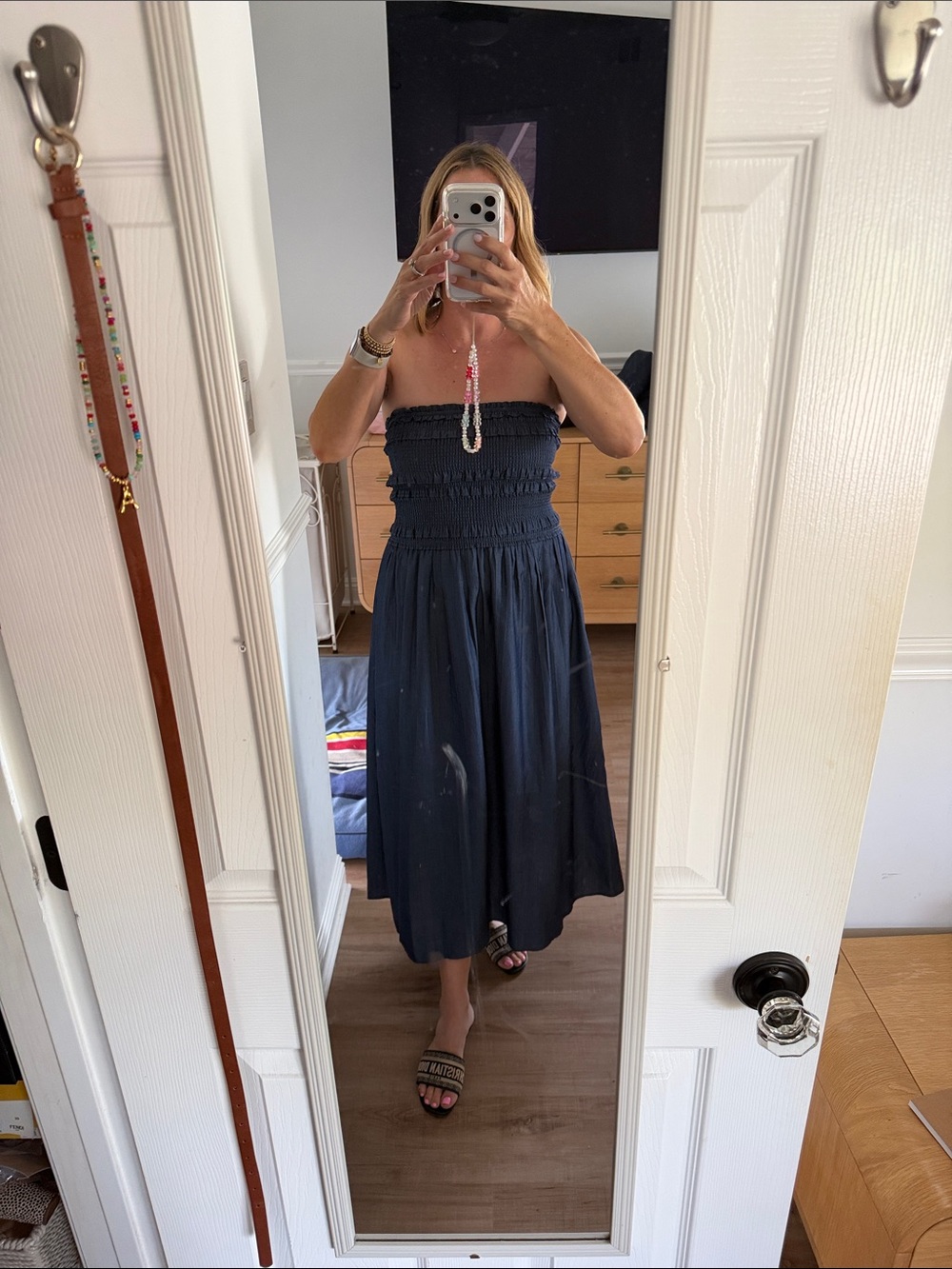 Smocked Navy Midi Dress size medium. Has pockets.